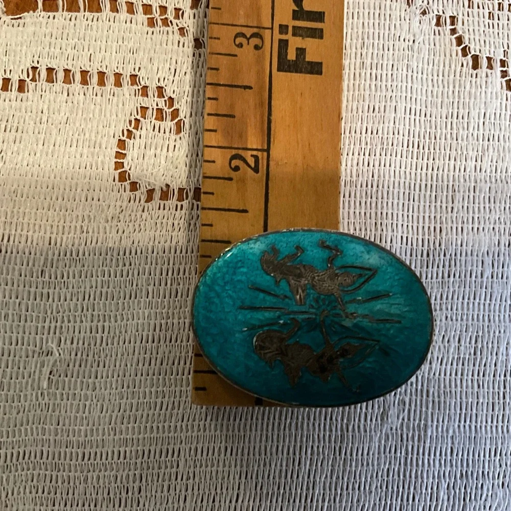 Vintage Siam Sterling Silver Turquoise‎ Enamel Mekkala Ramasoon Oval Brooch Pin
